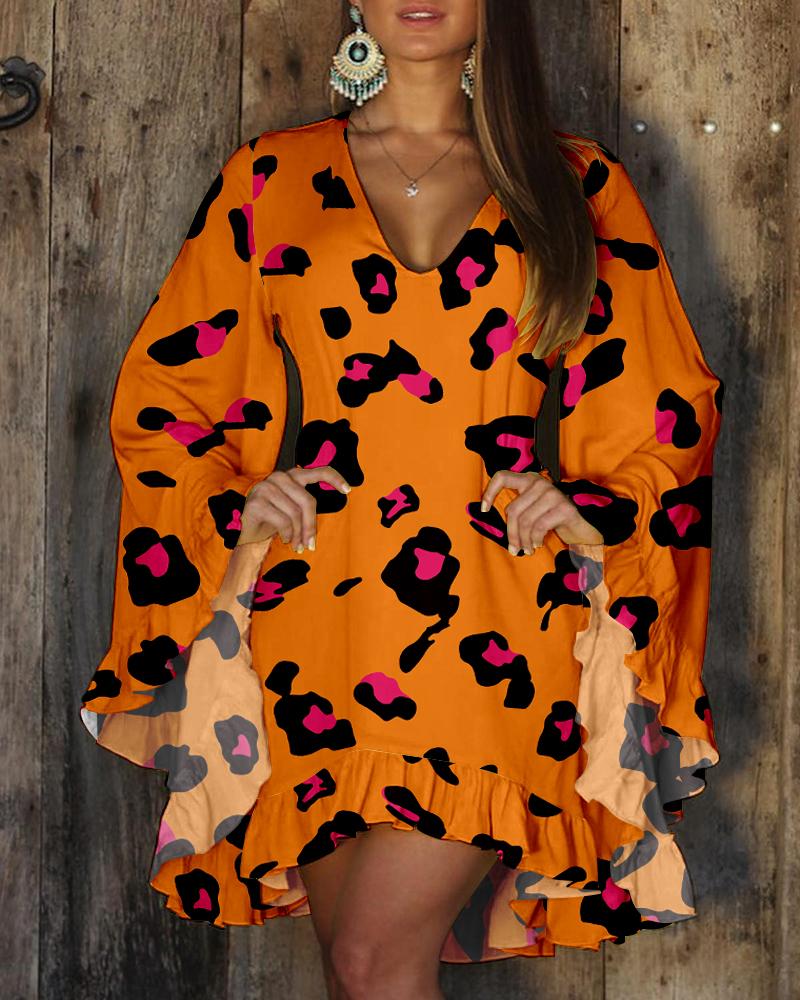 

Pink Leopard Print Ruffles Bell Sleeve Casual Dress, Orange