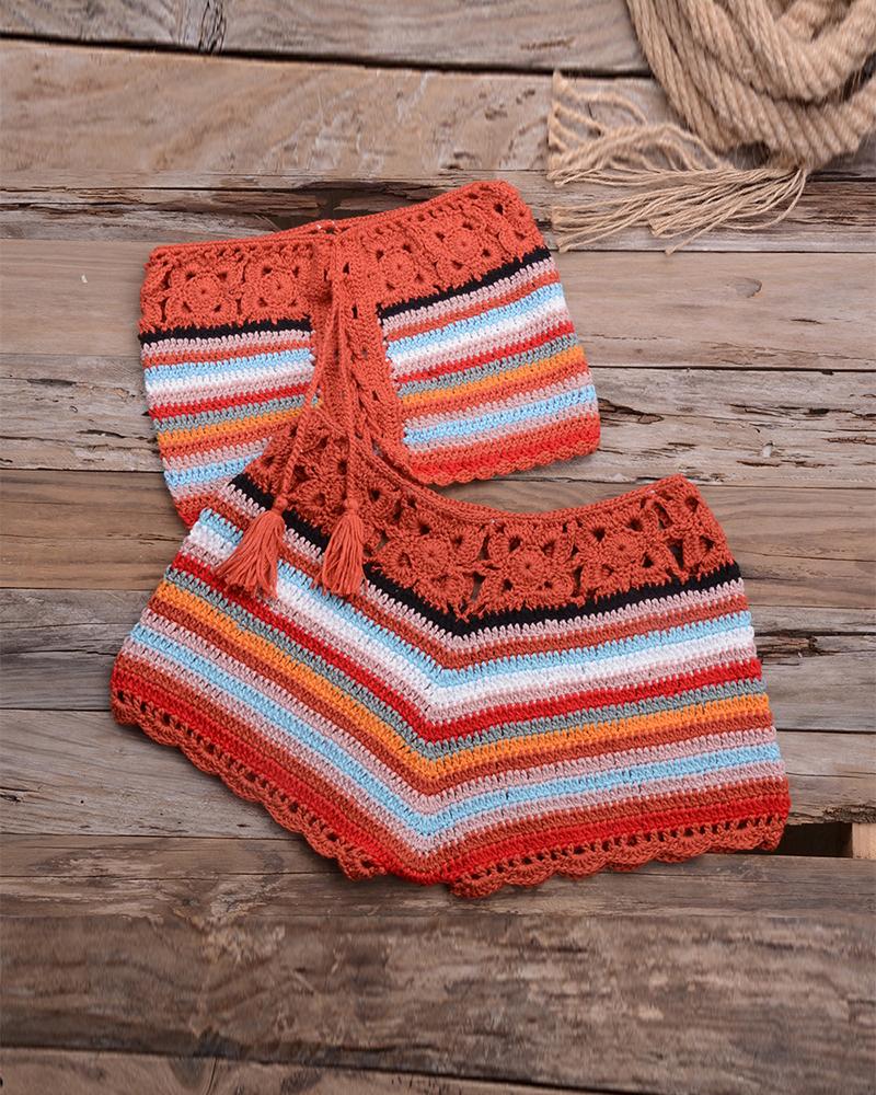 

Multicolor Striped Hollow-out Weave Off Shoulder Sleeveless 2-Piece Bikini Sets, Red