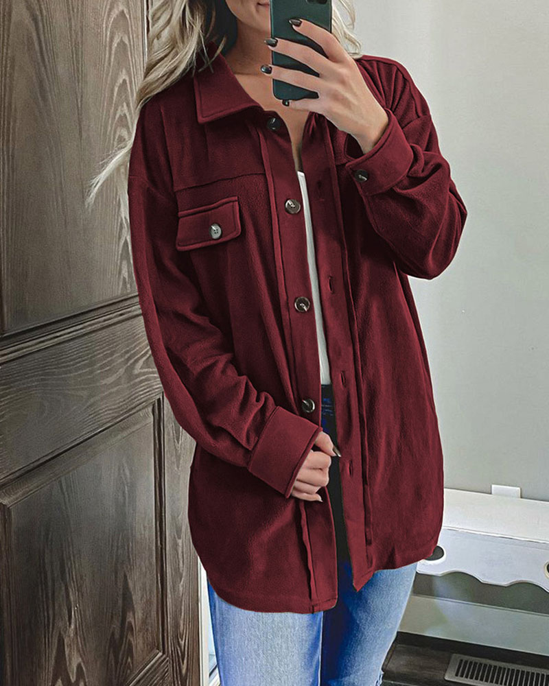 

Long Sleeve Flap Detail Button Down Shacket, Red