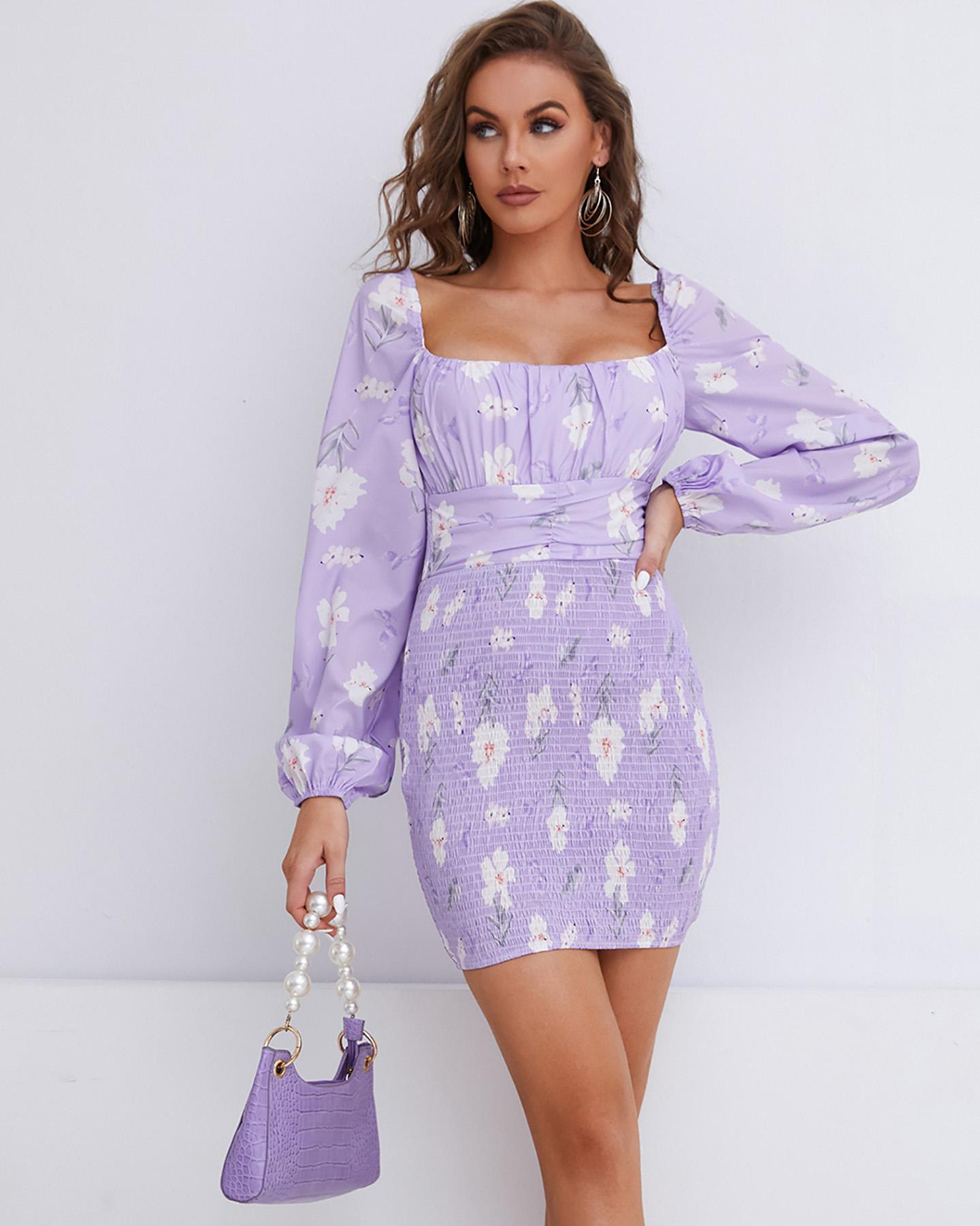 

Lantern Sleeve Floral Print Shirring Dress, Purple