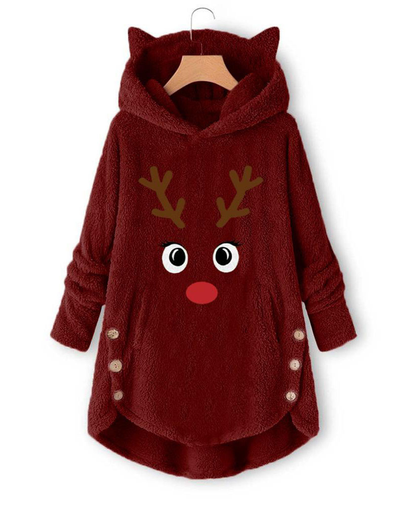 

Cartoon Print Teddy Hooded Coat, Wine red