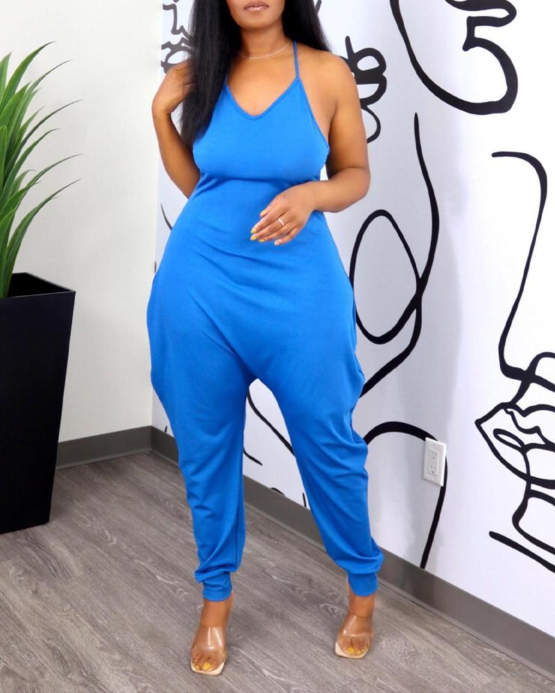 

Halter Sleeveless Racerback Harem Jumpsuit, Blue