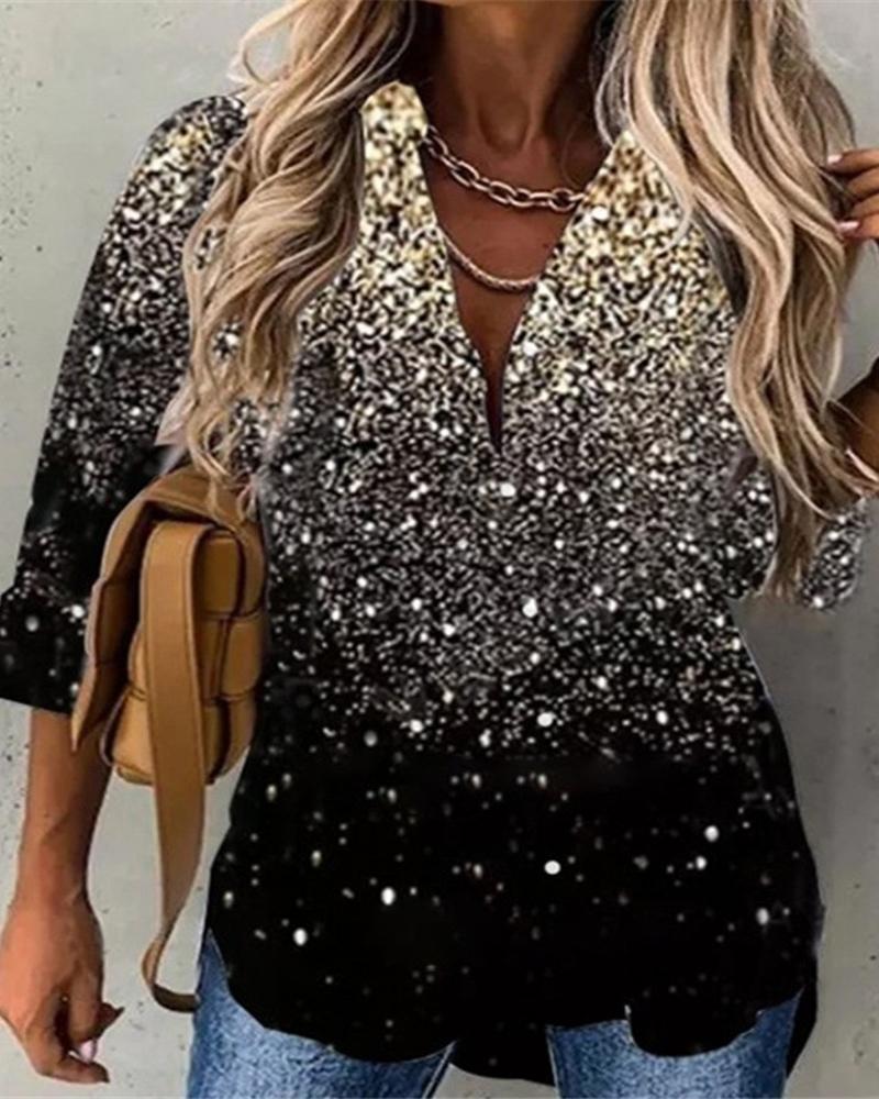 

Long Sleeve Button Down Print Shirt, Black