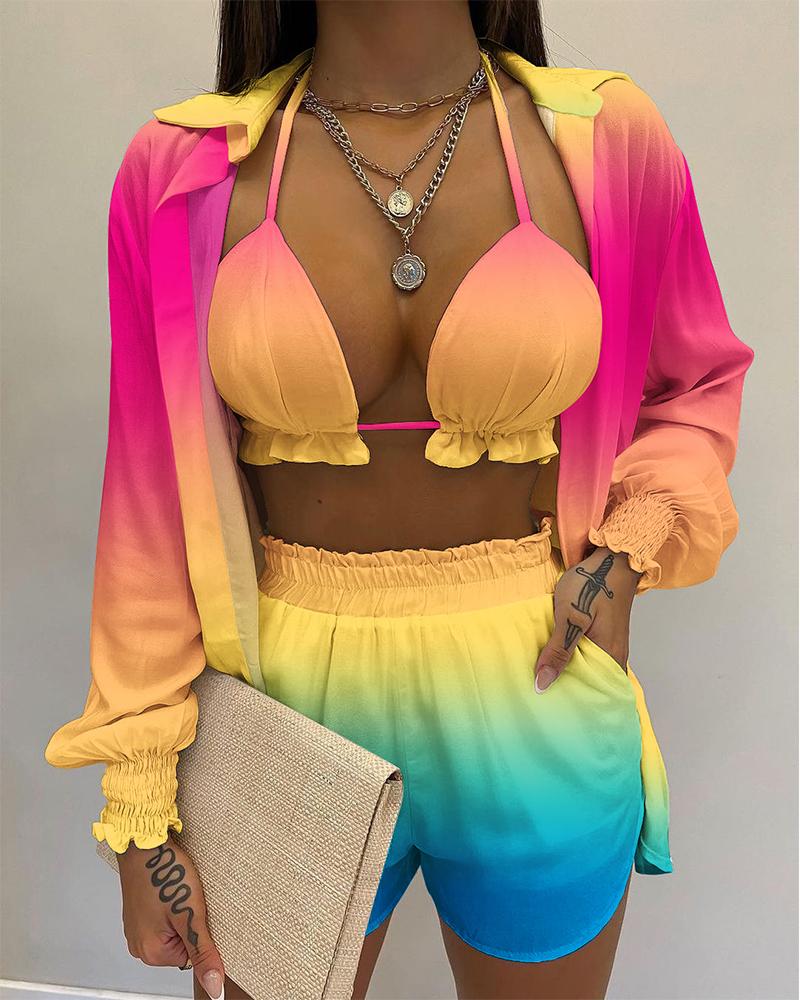 

Ombre Lantern Sleeve Shirt & Shorts Set With Crop Top, Multicolor