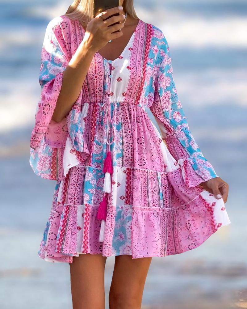 

Floral Tribal Print Ruffles Smock Dress, Hot pink