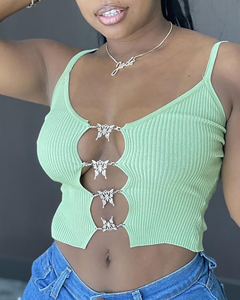 

Plain Spaghetti Strap Cutout Crop Bodycon Top, Green