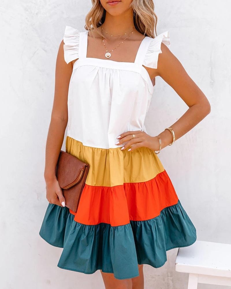 

Ruffle Hem Colorblock Ruched Casual Dress, Multicolor