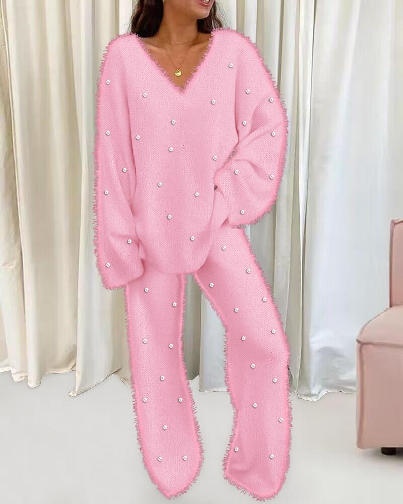 

Fuzzy V-Neck Long Sleeve Beaded Top & Pants Set, Pink