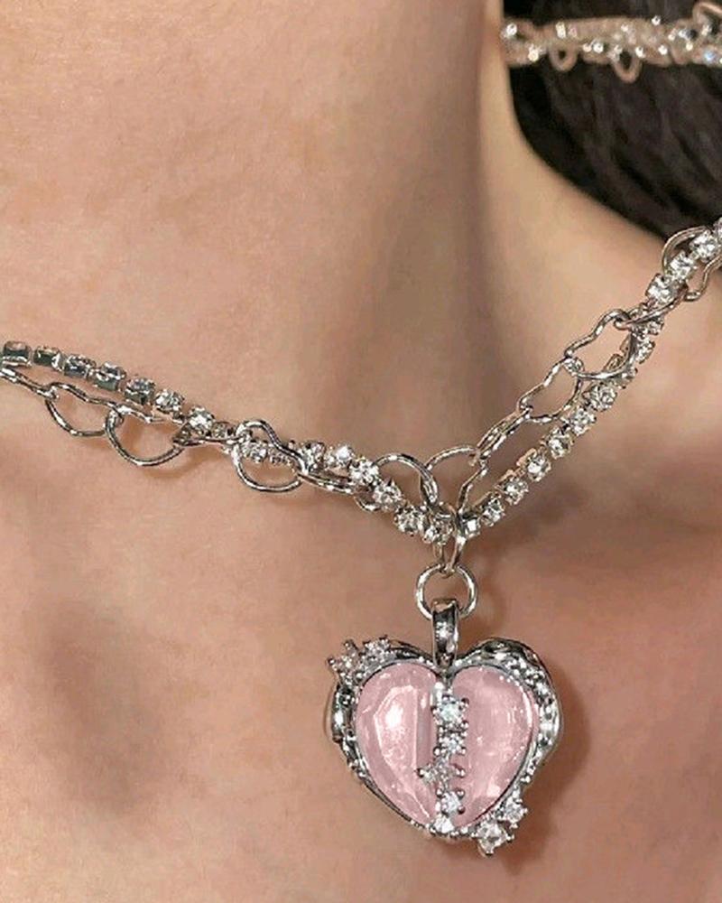 

1pc Crystal Stone Hollow Out Heart Pendant Necklace, Pink
