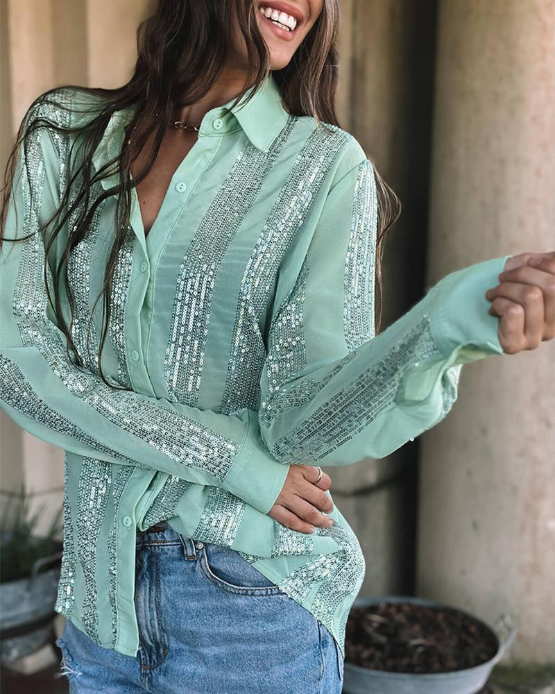 

Contrast Sequin Long Sleeve Buttoned Top, Light green