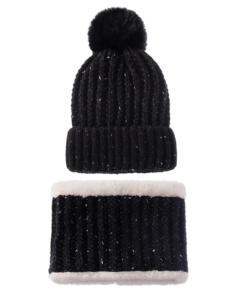 

2pcs Pom Pom Winter Hat & Fleece Lined Neck Warmer Set, Black