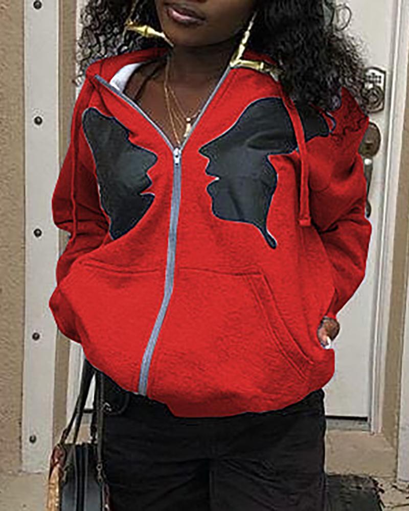 

Graphic Print Zipper Pocket Design Hooded Coat, Red