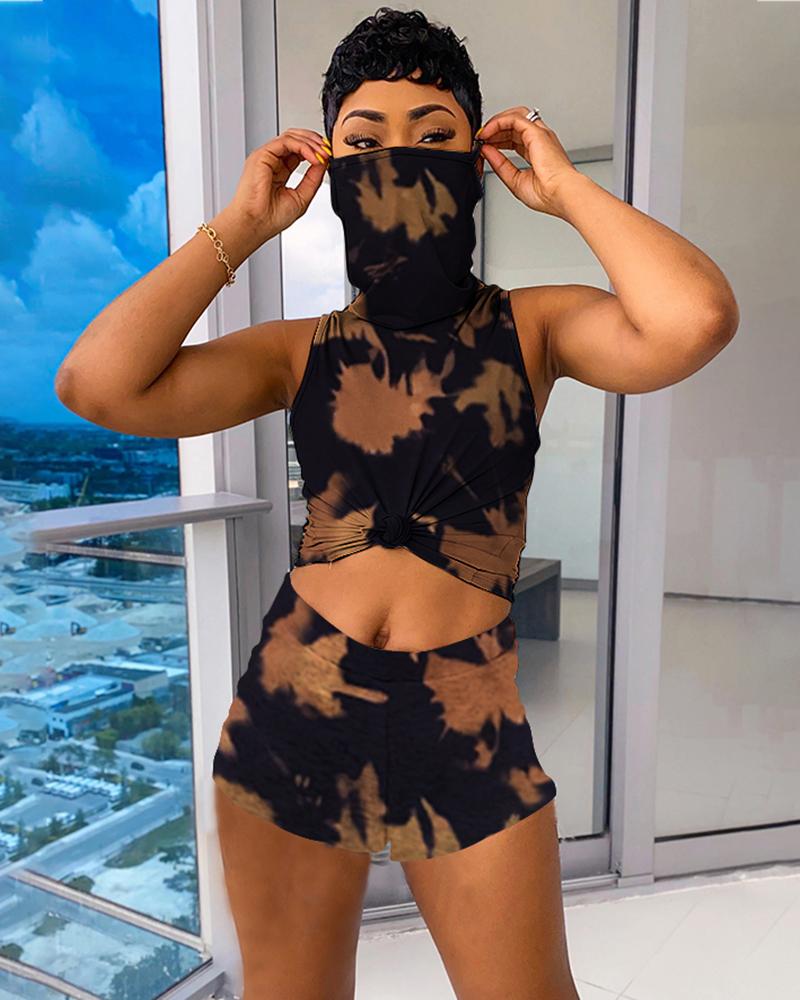 

Hooded High Neck Tie Dye Print Tank Top+Shorts Set, Brown