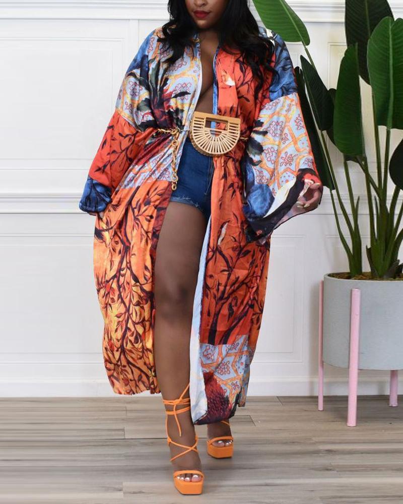 

Plus Size Plants Print Open Front Longline Kimono, Orange