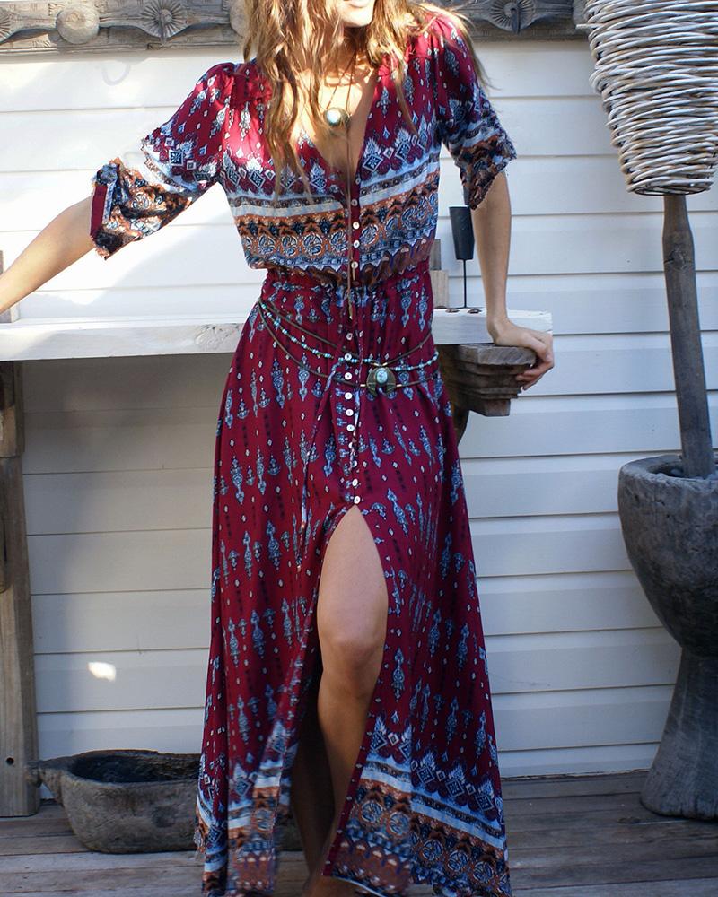 

All Over Print Boho Long Sleeve High Slit Maxi Dress, Red