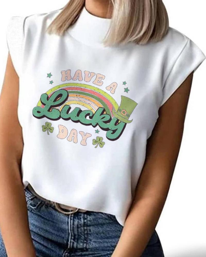 

St. Patrick' Day Lucky Shamrock Print Casual T-shirt, White