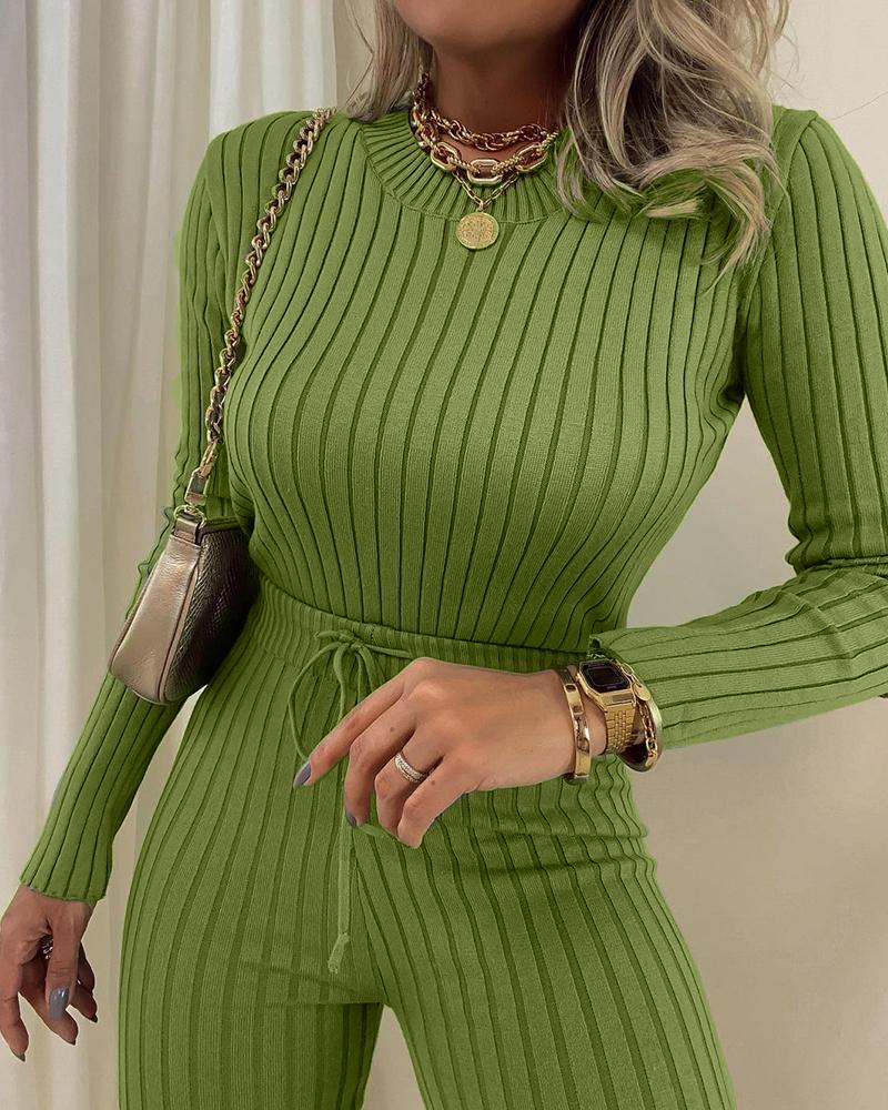 

Solid Long Sleeve Ribbed Knit Top & Drawstring Waist Pants Set, Green