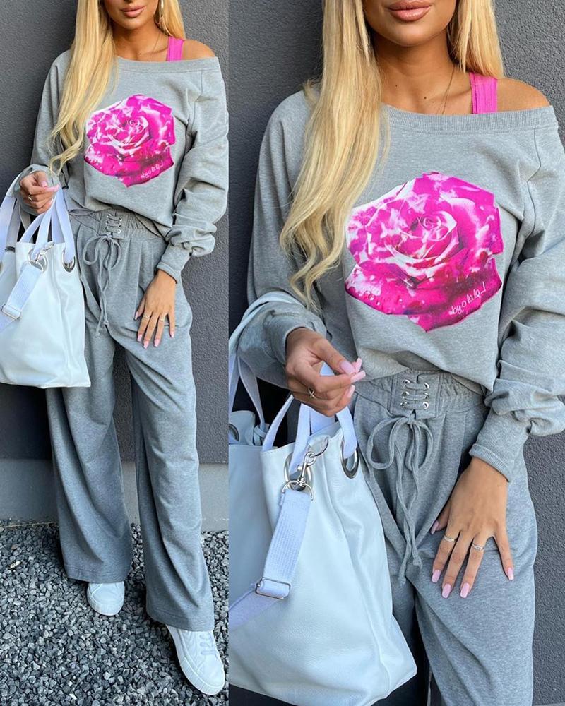 

Floral Print Cold Shoulder Sweatshirt & Sweatpants Set, Gray