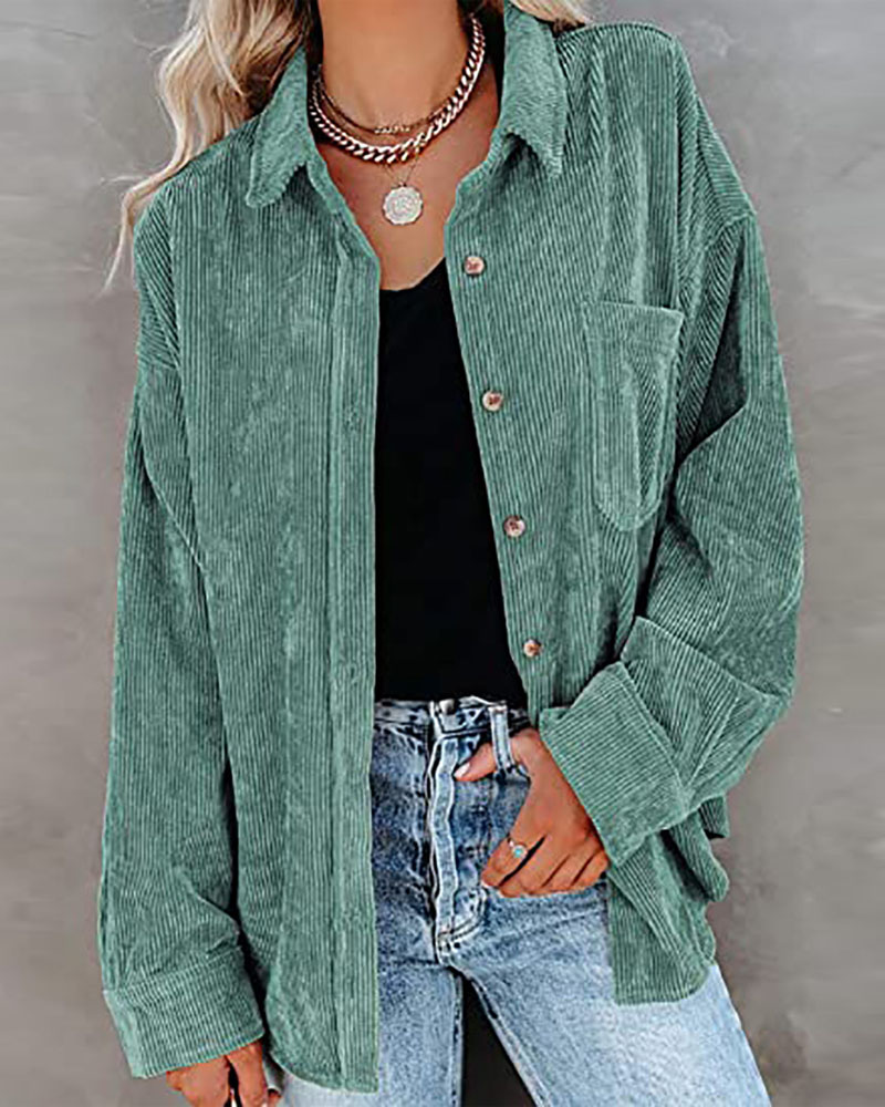 

Long Sleeve Button Front Corduroy Shacket, Green