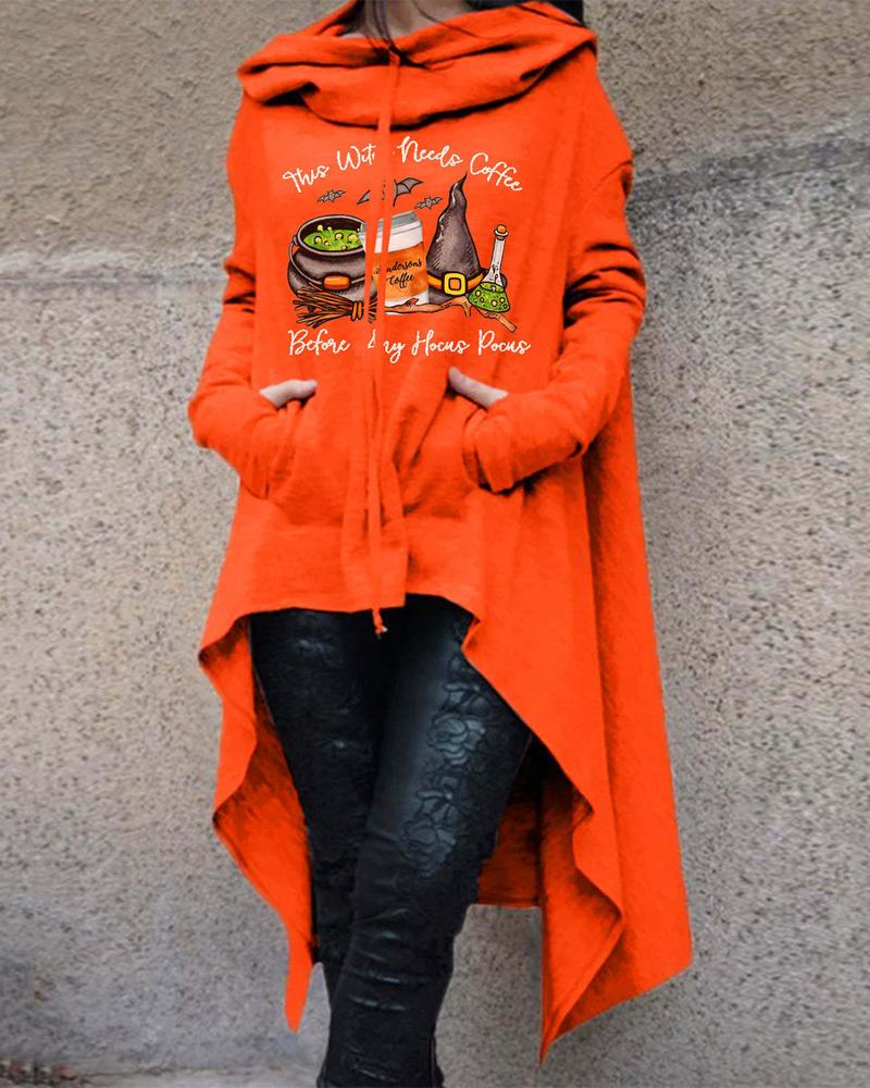 

Plus Size Halloween Graphic Letter Print Dip Hem Hoodie, Orange