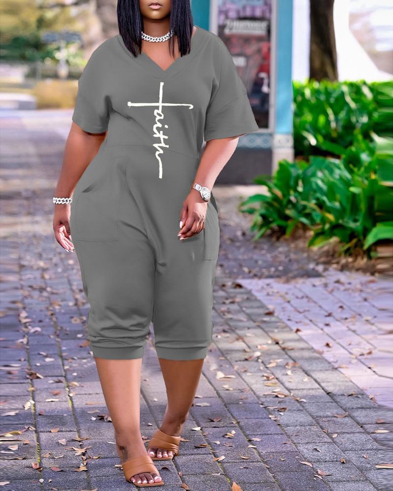 

Letter Print Pocket Detail V-Neck Jumpsuit, Gray