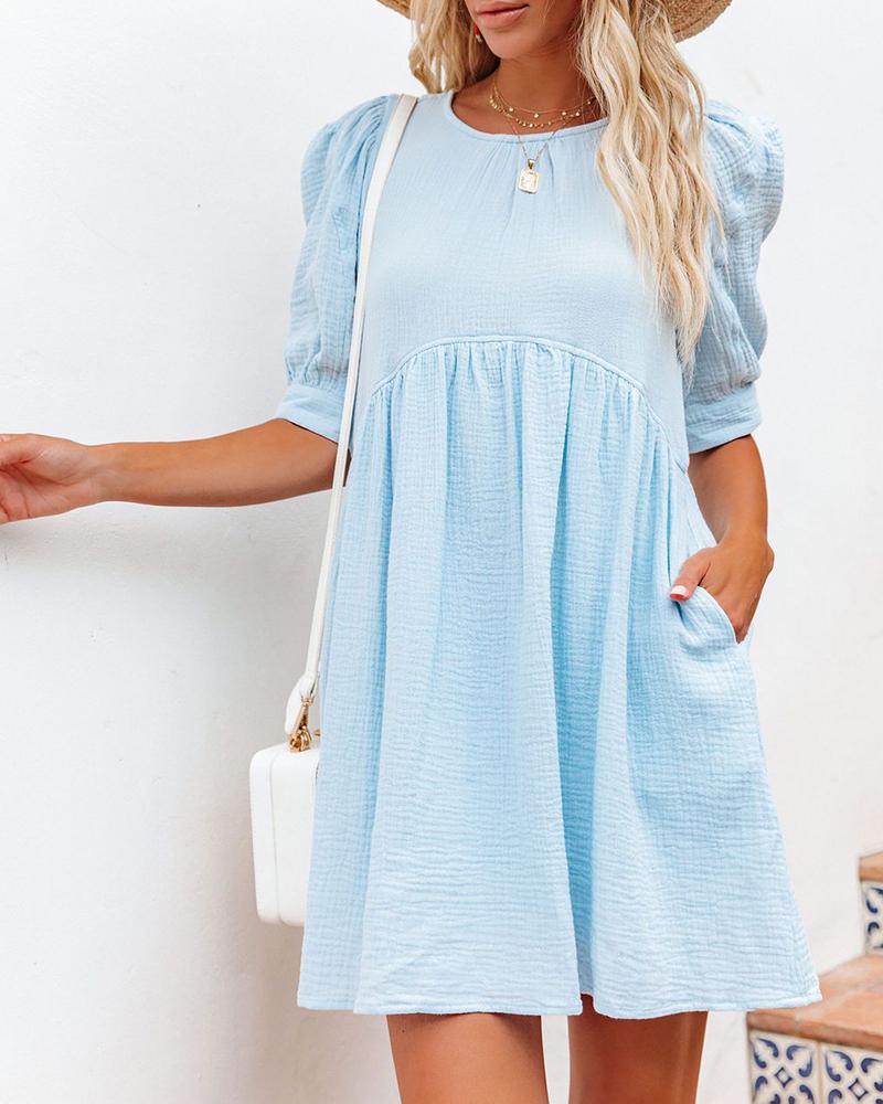 

Solid Color Puff Sleeve Midi Dress, Blue