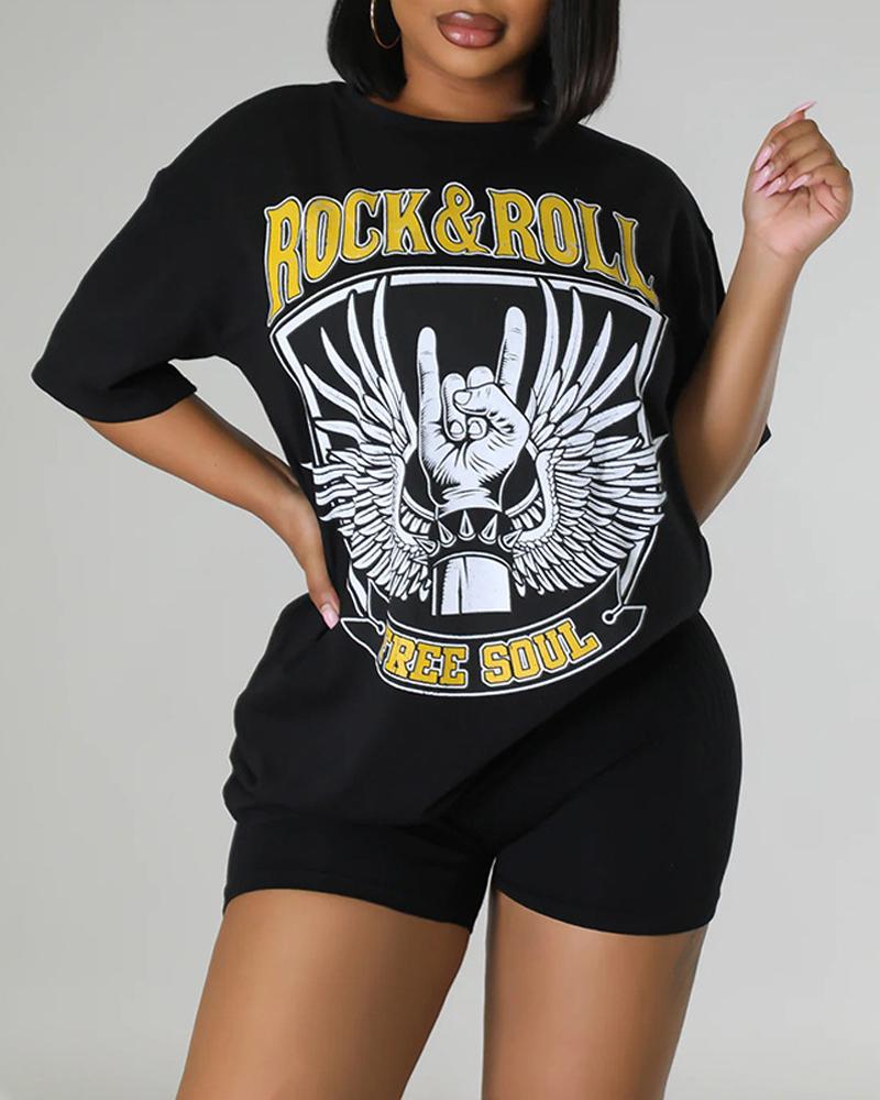 

Letter Print Crew Neck Casual T-shirt, Black