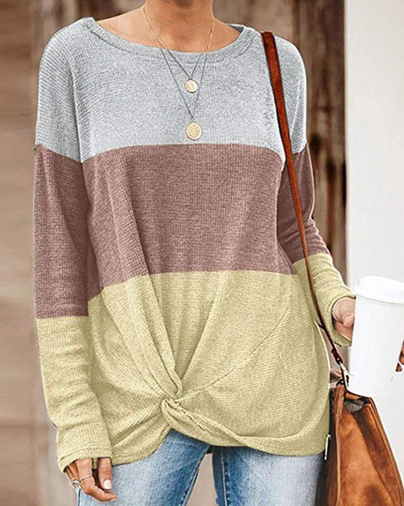 

Round Neck Colorblock Long Sleeve Twisted Blouse, Brown