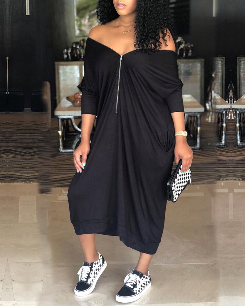 

Solid Color Splicing Zipper Long Sleeve Maxi Dress, Black