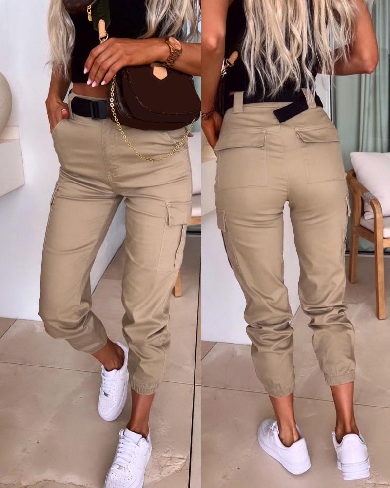 

High Waist Pocket Design Cuffed Pants, Khaki