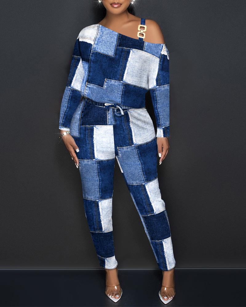 

Denim Look Print Cold Shoulder Jumpsuit, Blue