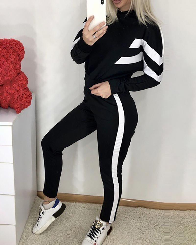 

Striped Tape Colorblock Hooded Top & Pants Set, Black