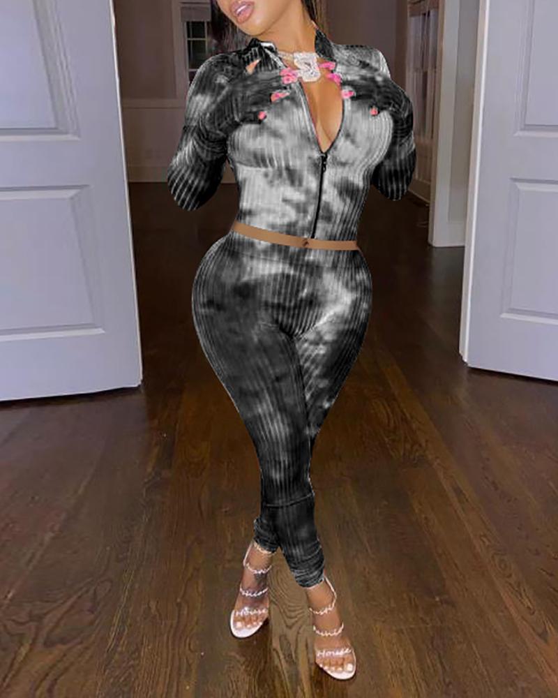 

Zipper Design Tie Dye Print Coat & Pants Set, Black