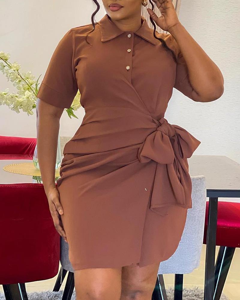 

Plus Size Side Tied Detail Buttoned Work Dress, Brown