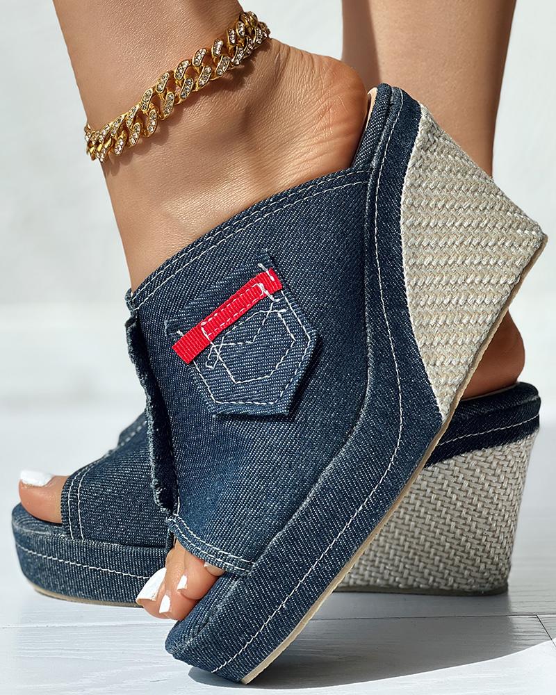 

Peep Toe Denim Wedge Sandals, Blue