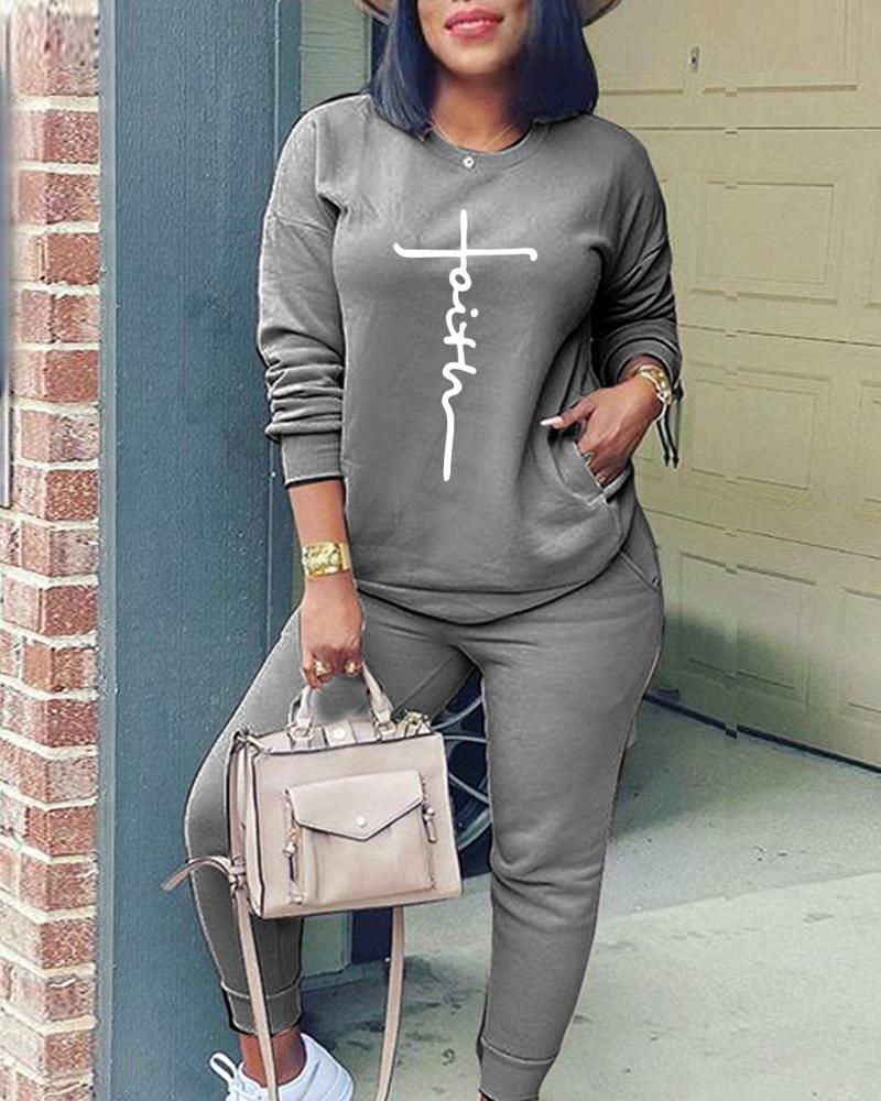 

Letter Pocket Design Top & Pants Set, Dark grey