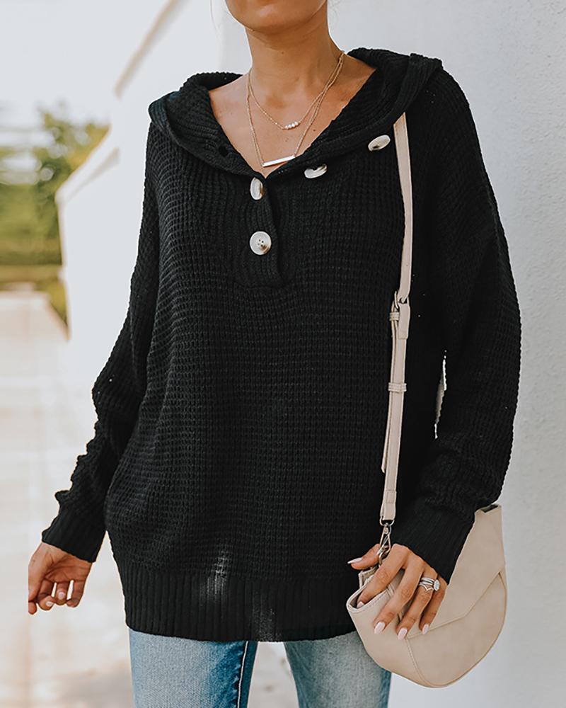 

Buttoned Long Sleeve Knit Hooded Sweater, Black