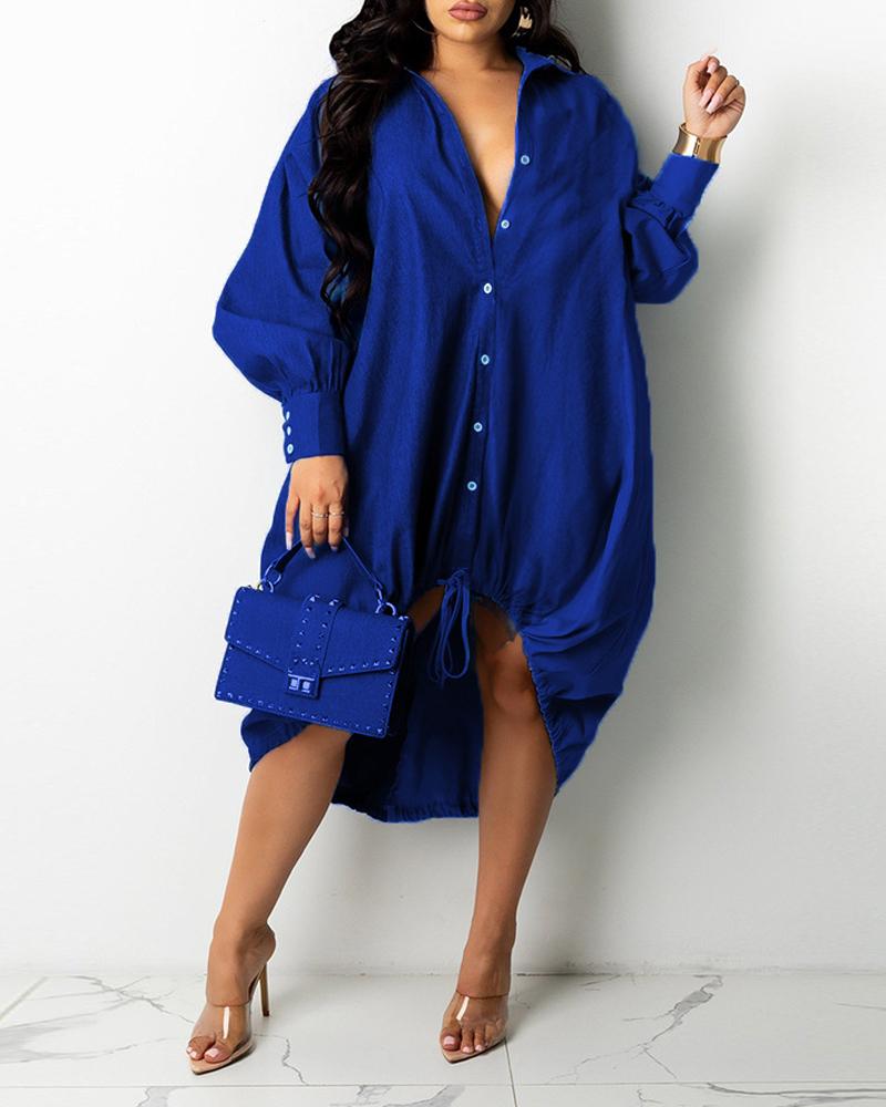 

Plus Size Long Sleeve Dip Hem Buttoned Shirt Dress, Dark blue