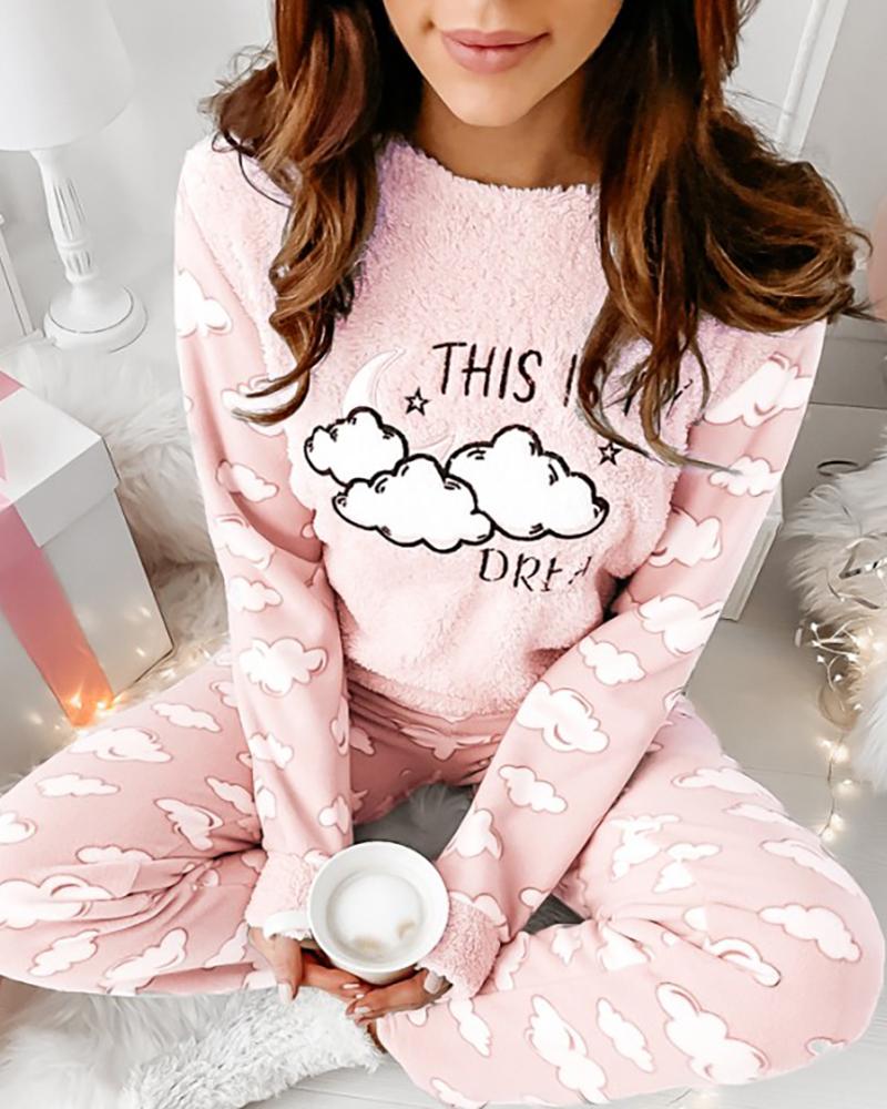 

Cartoon Print Long Sleeve Top & Pants Set, Pink