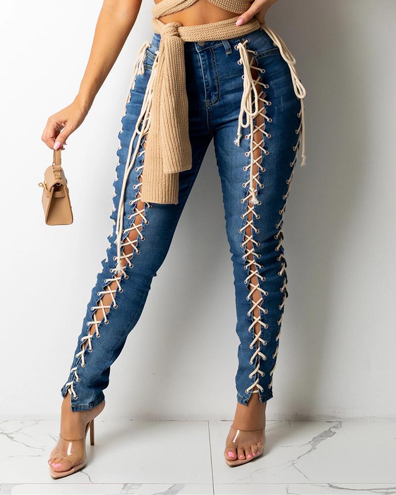 

Zipper Fly Grommet Eyelet Lace-Up Skinny Jeans, Blue