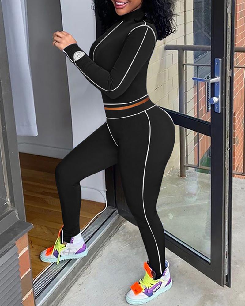 

Contrast Biding Top & High Waist Pants Set, Black