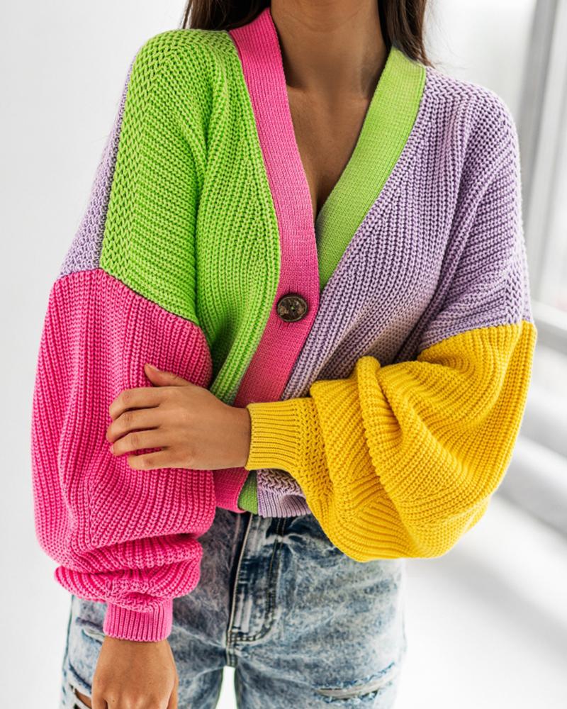 

Button Design Lantern Sleeve Colorblock Cardigan, Multicolor