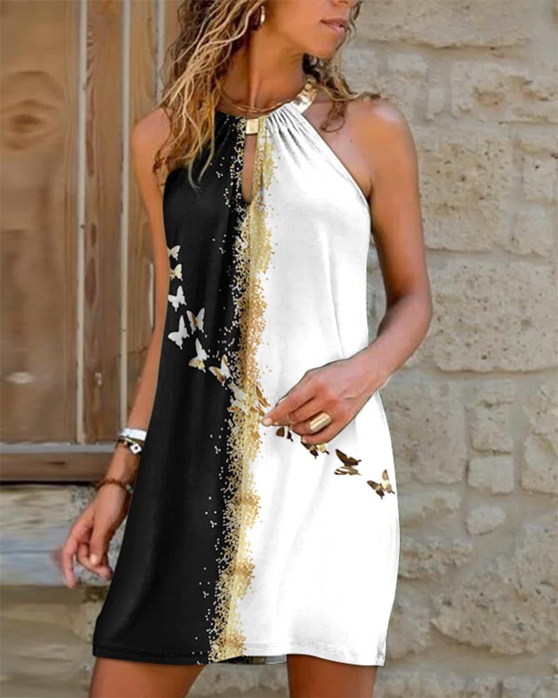 

Colorblock Butterfly Print Metal Halter Casual Dress, Blackwhite