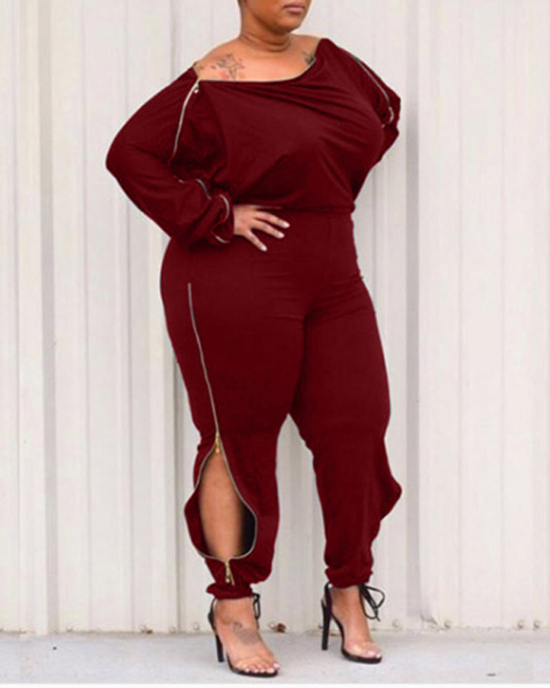 

Plus Size Zip Detail Off Shoulder Jumpsuit, Wine red