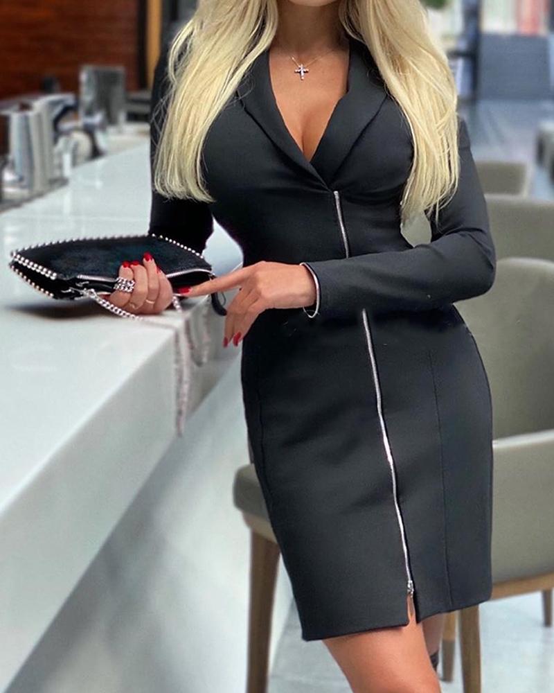 

Solid Long Sleeve Skinny Zipper Mini Dress, Black