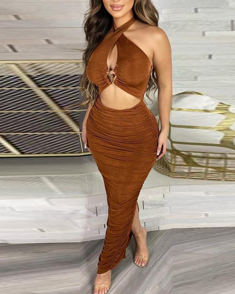 

Halter Cutout Front Ruched Bodycon Dress, Brown