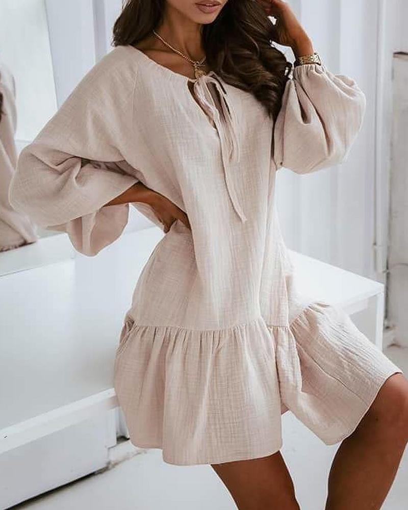 

Lantern Sleeve Ruffle Hem Casual Dress, Apricot