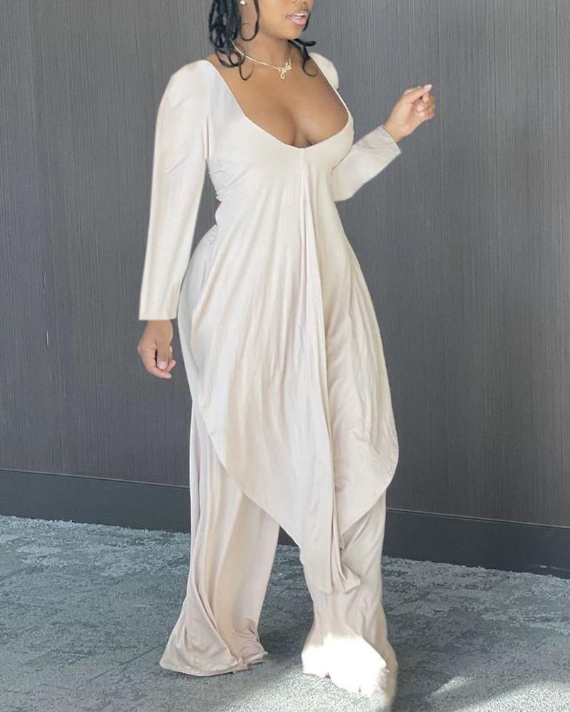 

Asymmetrical Long Sleeve Top & Wide Leg Pants Set, Nude