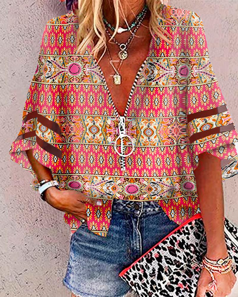 

Tribal Print Bell Sleeve Zip Front Top, Pink