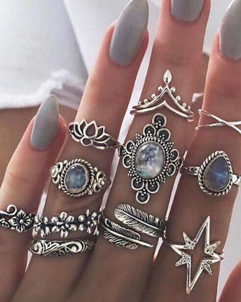 

11pcs Vintage Hollow Crown Floral Crystal Stone Geometric Rings Set, Silver